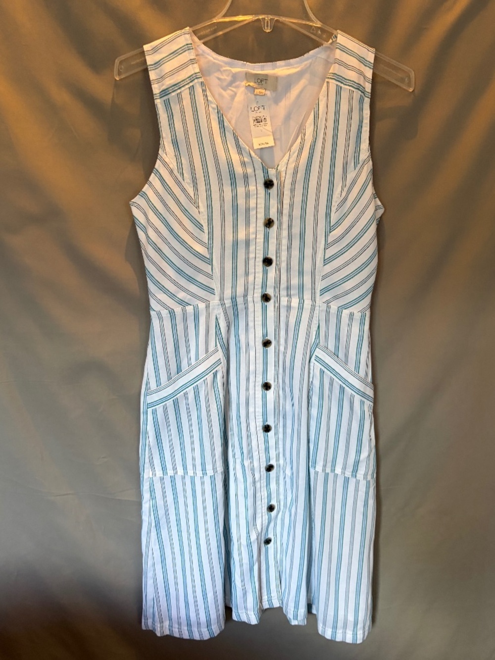 LOFT Sleeveless Dress Button Front and Pockets, White w/ stripes - Size 2 (NWT)